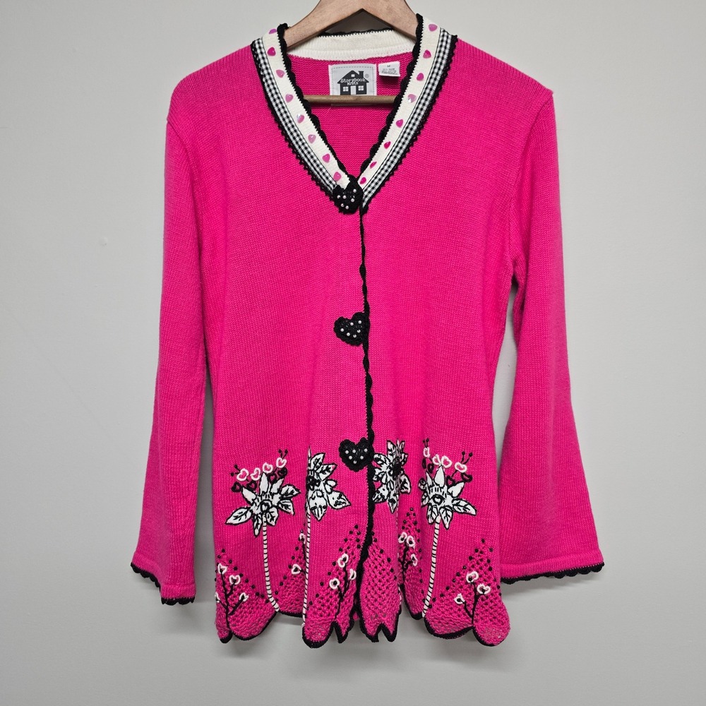 Storybook Knits Passionate Heartβ Cardigan Womens M Pink Embroidered Grandmacore